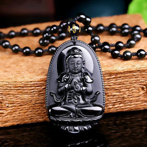 Natural Obsidian Hand Carved Buddha Amulet Pendant Necklace