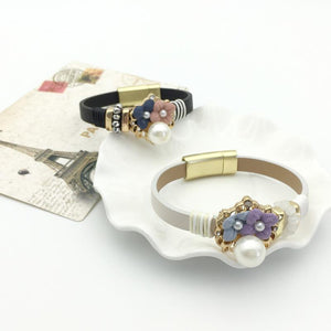 Romantic Pearls Flower Charm Leather Bracelet