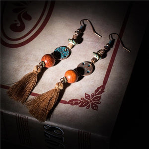 Ethnic Wood Beads Long Tassel Boho Earrings