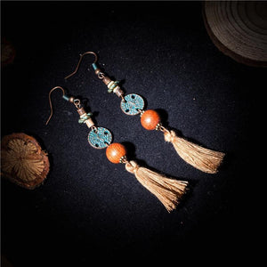 Ethnic Wood Beads Long Tassel Boho Earrings