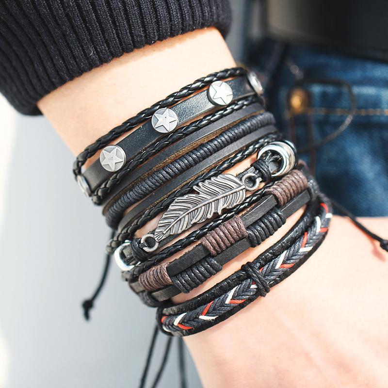 Handmade Vintage Leaf Feather Multilayer Leather Bracelet