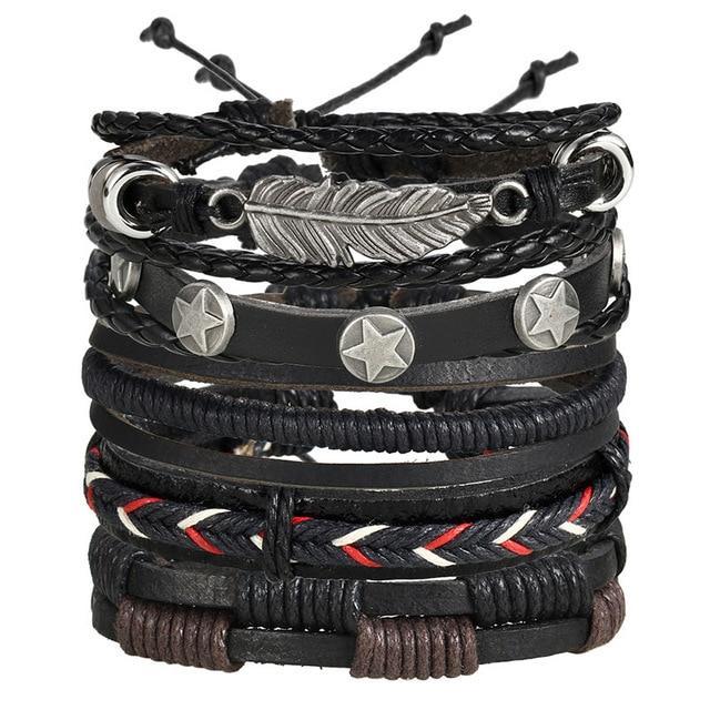 Handmade Vintage Leaf Feather Multilayer Leather Bracelet