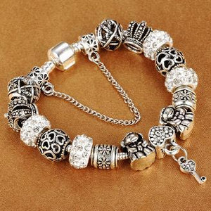 Authentic Silver Plated 925 Crown Beads Crystal Heart Charm Bracelet