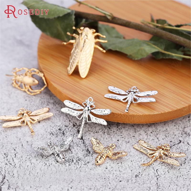 6PCS 24K Gold Color Plated Brass Dragonfly and Bee Charms Pendants & Earrings